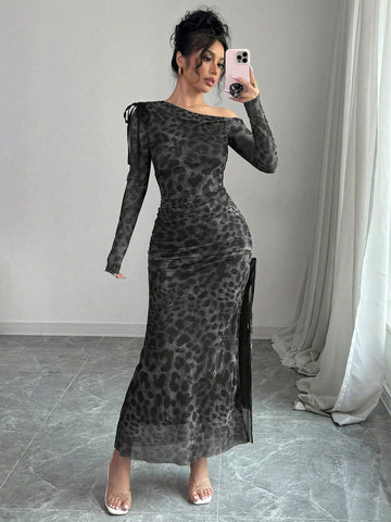 Raffinéa Elegant Tie Dye Gradient Ruched Mesh Leopard Print Asymmetrical Neck High Slit Dress