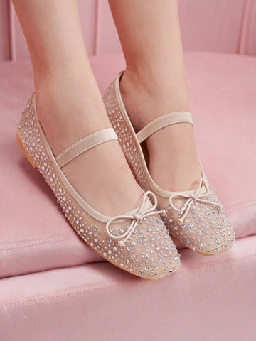 CUCCOO DOLLMOD Fashionable Apricot Color Rhinestoned Mesh Mary Jane Flats