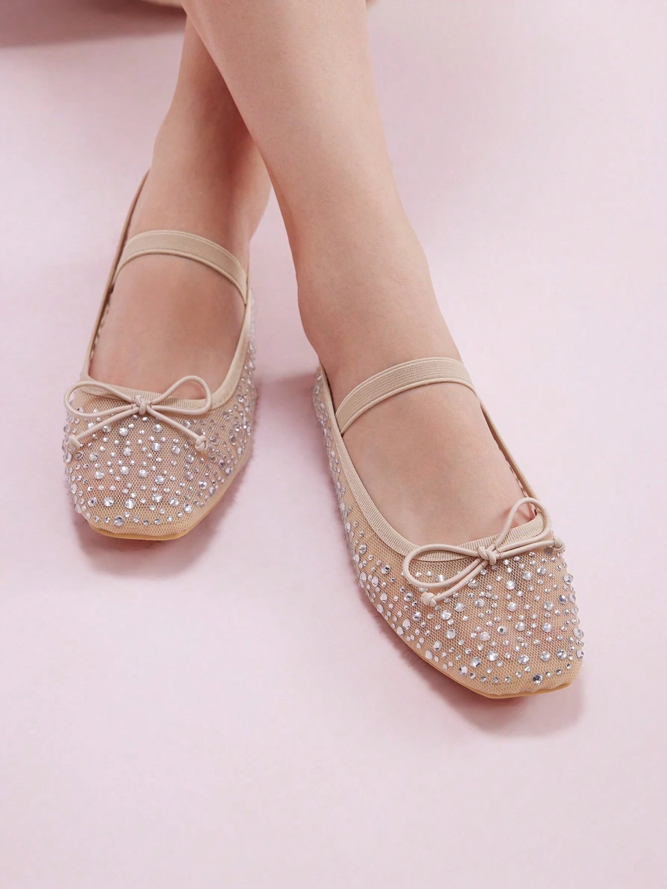 CUCCOO DOLLMOD Fashionable Apricot Color Rhinestoned Mesh Mary Jane Flats Shein