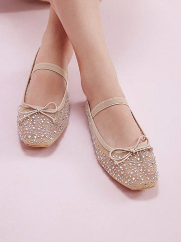 CUCCOO DOLLMOD Fashionable Apricot Color Rhinestoned Mesh Mary Jane Flats