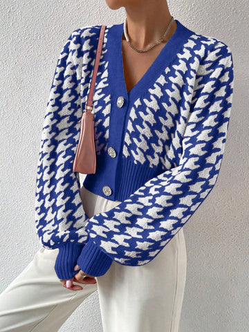 Frenchy Houndstooth Pattern Lantern Sleeve Cardigan