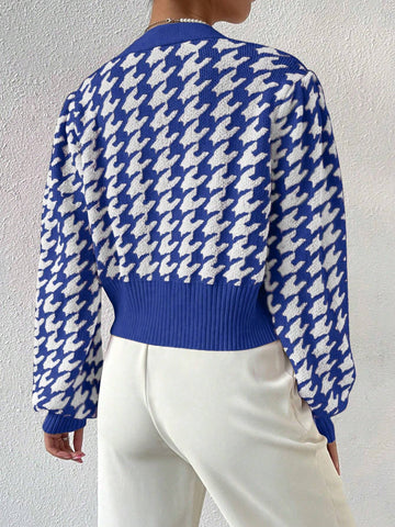 Frenchy Houndstooth Pattern Lantern Sleeve Cardigan