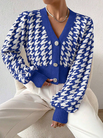 Frenchy Houndstooth Pattern Lantern Sleeve Cardigan