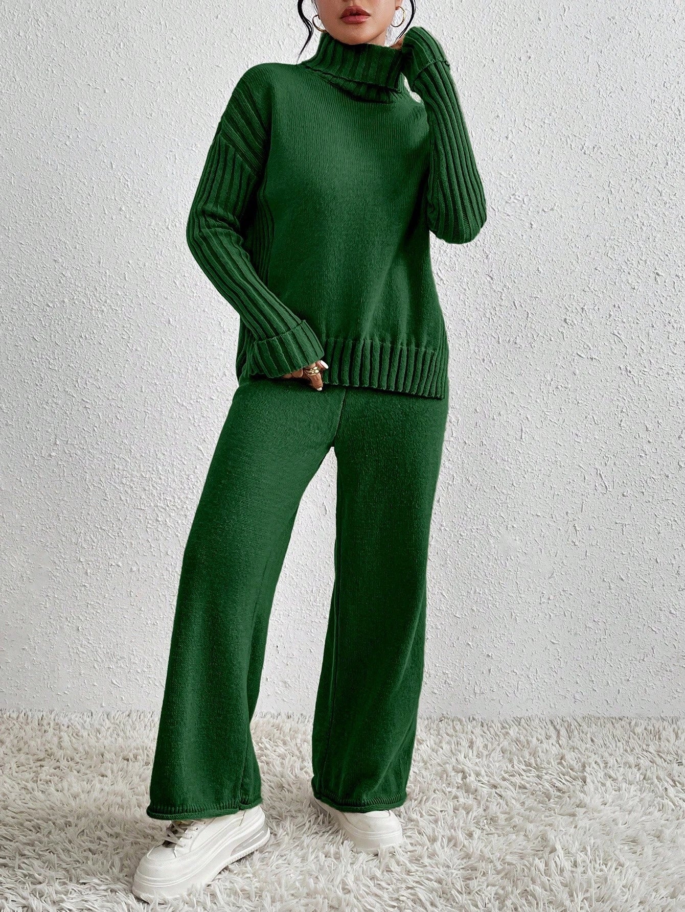 Essnce 2pcs/Set Women Casual High Neck Drop Shoulder Sweater And Pants shein