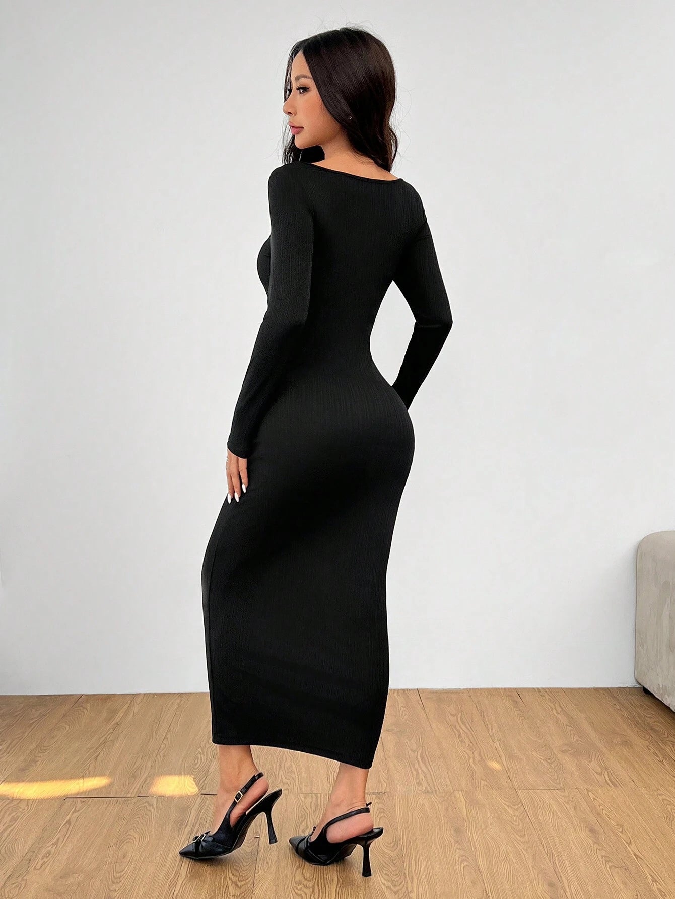 PETITE Autumn Wear Solid Color Square Neck Tight Black Long-Sleeved Dress shein