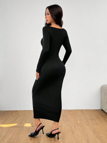 PETITE Autumn Wear Solid Color Square Neck Tight Black Long-Sleeved Dress