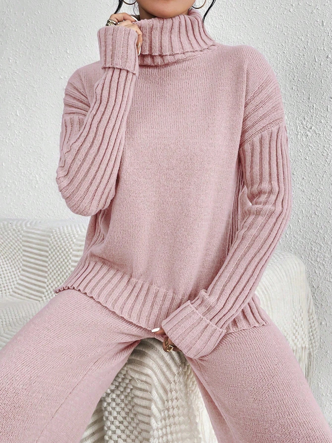 Essnce 2pcs/Set Women Casual High Neck Drop Shoulder Sweater And Pants shein