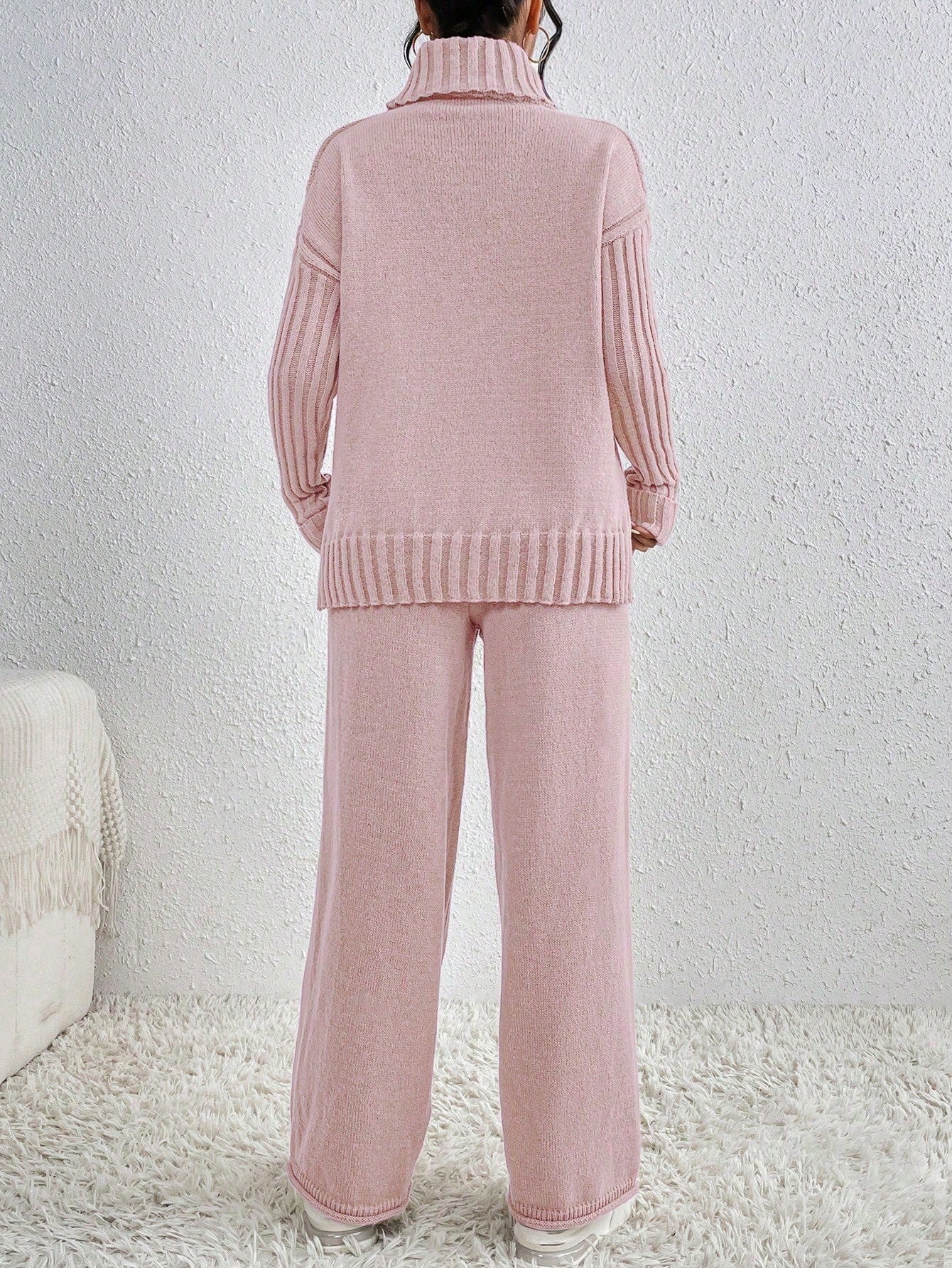 Essnce 2pcs/Set Women Casual High Neck Drop Shoulder Sweater And Pants shein