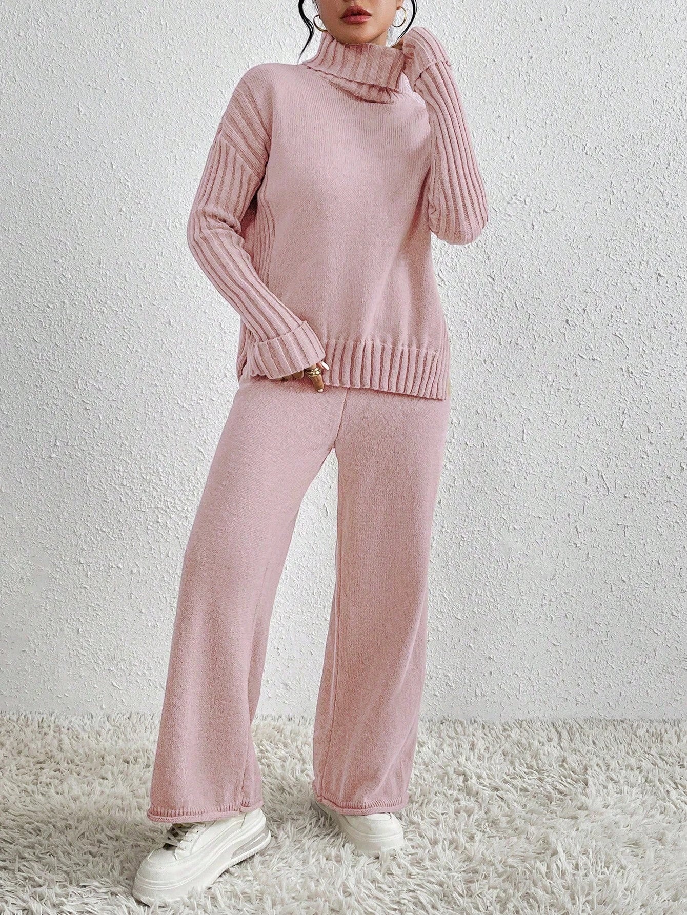 Essnce 2pcs/Set Women Casual High Neck Drop Shoulder Sweater And Pants shein