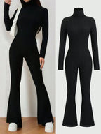 MOOSTA Black Fleece Ribbed Fabric High Neck Fitted Retro Flare Minimalist Casual Women's Jumpsuit shein