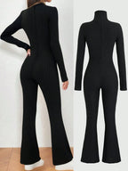 MOOSTA Black Fleece Ribbed Fabric High Neck Fitted Retro Flare Minimalist Casual Women's Jumpsuit shein