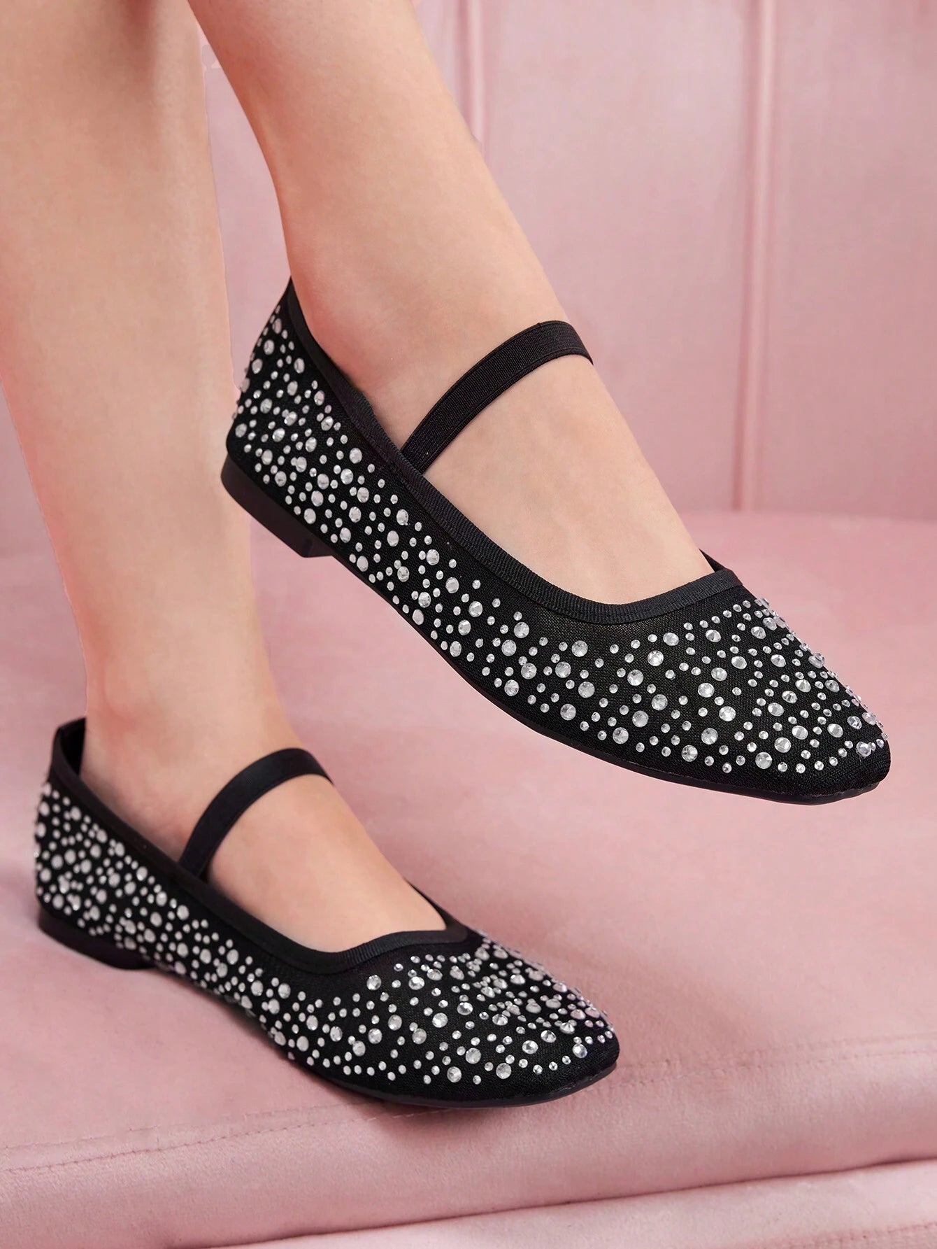 CUCCOO DOLLMOD Fashionable Apricot Color Rhinestoned Mesh Mary Jane Flats Shein