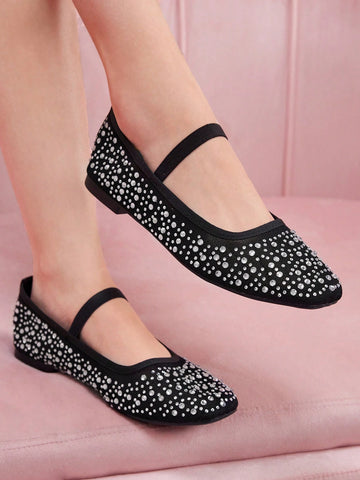 CUCCOO DOLLMOD Fashionable Apricot Color Rhinestoned Mesh Mary Jane Flats