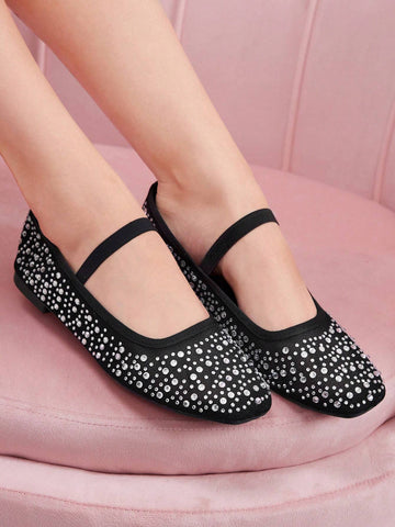 CUCCOO DOLLMOD Fashionable Apricot Color Rhinestoned Mesh Mary Jane Flats