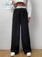 EZwear Contrast Panel Wide Leg Pants shein