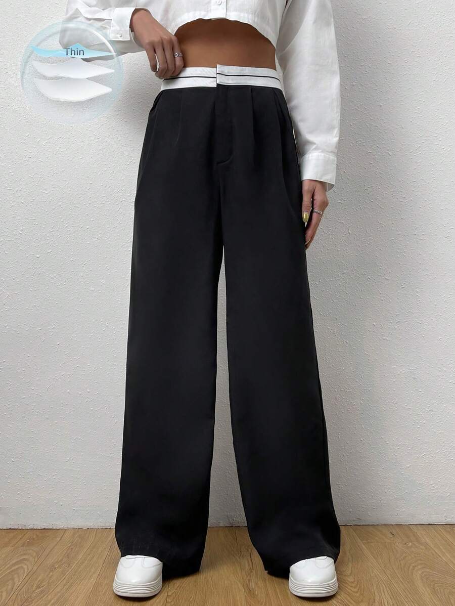 EZwear Contrast Panel Wide Leg Pants shein