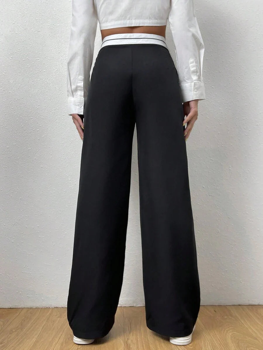 EZwear Contrast Panel Wide Leg Pants shein
