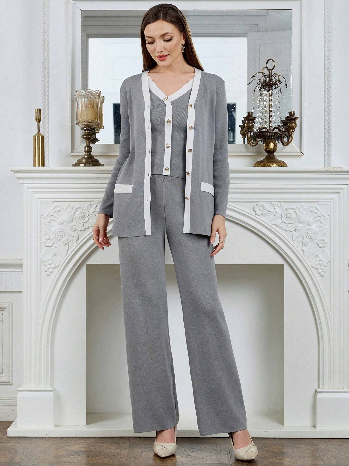 Modely Women's Autumn/Winter Contrast Color Long Sleeve Single-Breasted Cardigan, V-Neck Sweater Vest And Knit Casual Pants Set shein