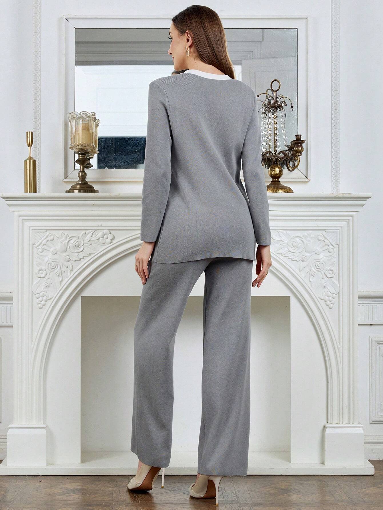 Modely Women's Autumn/Winter Contrast Color Long Sleeve Single-Breasted Cardigan, V-Neck Sweater Vest And Knit Casual Pants Set shein