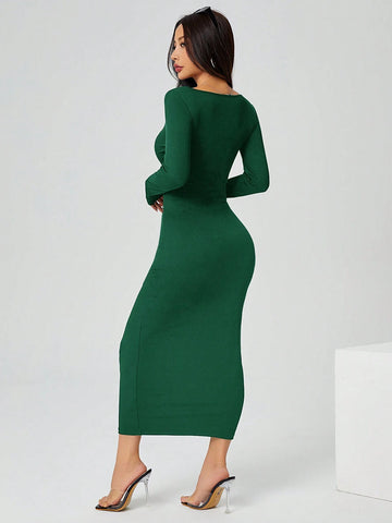 PETITE Autumn Wear Solid Color Square Neck Tight Black Long-Sleeved Dress