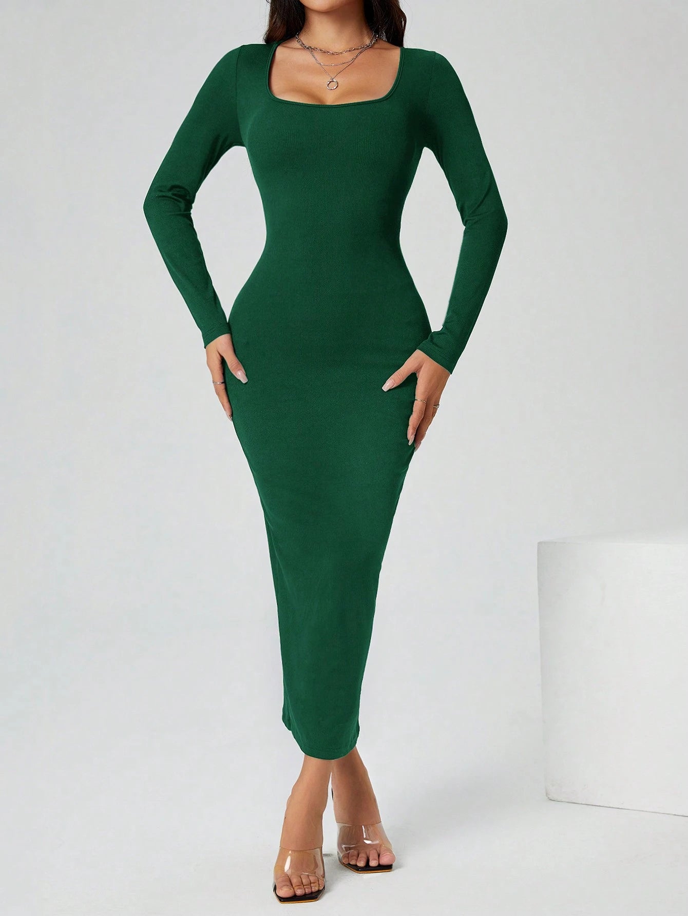 PETITE Autumn Wear Solid Color Square Neck Tight Black Long-Sleeved Dress shein