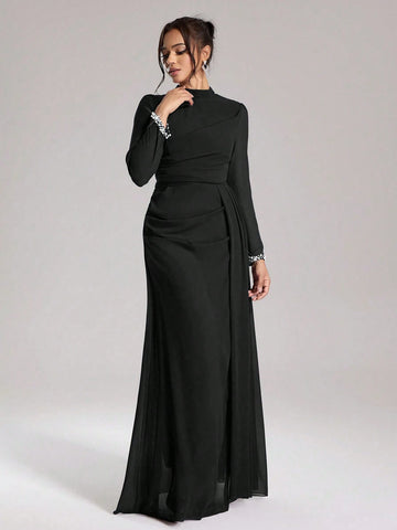 Coutiva Sequin Pearl Cuff Elegant Formal Long Sleeve Dress