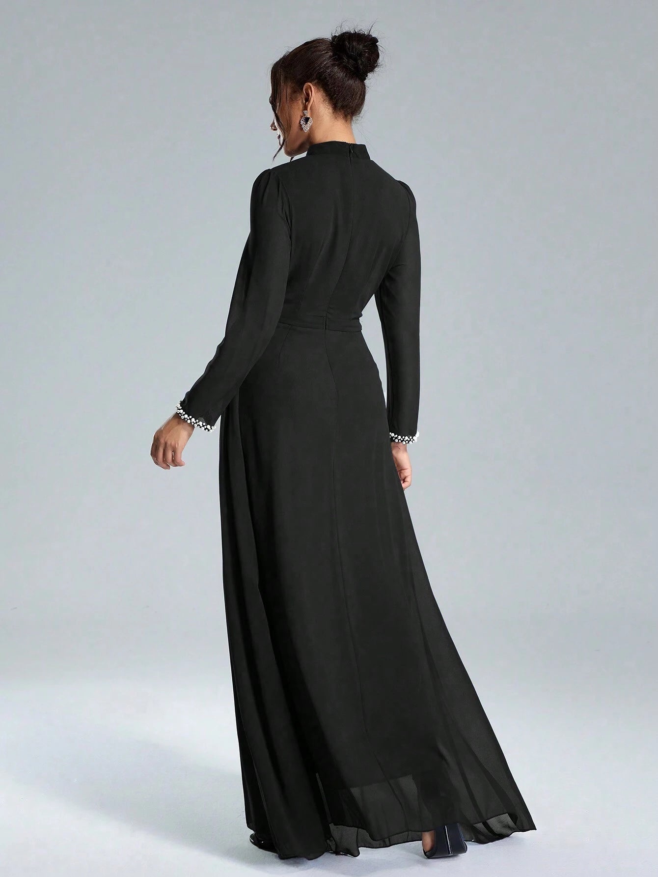 Coutiva Sequin Pearl Cuff Elegant Formal Long Sleeve Dress shein