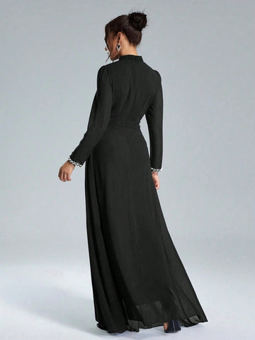 Coutiva Sequin Pearl Cuff Elegant Formal Long Sleeve Dress