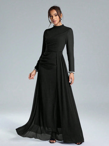 Coutiva Sequin Pearl Cuff Elegant Formal Long Sleeve Dress