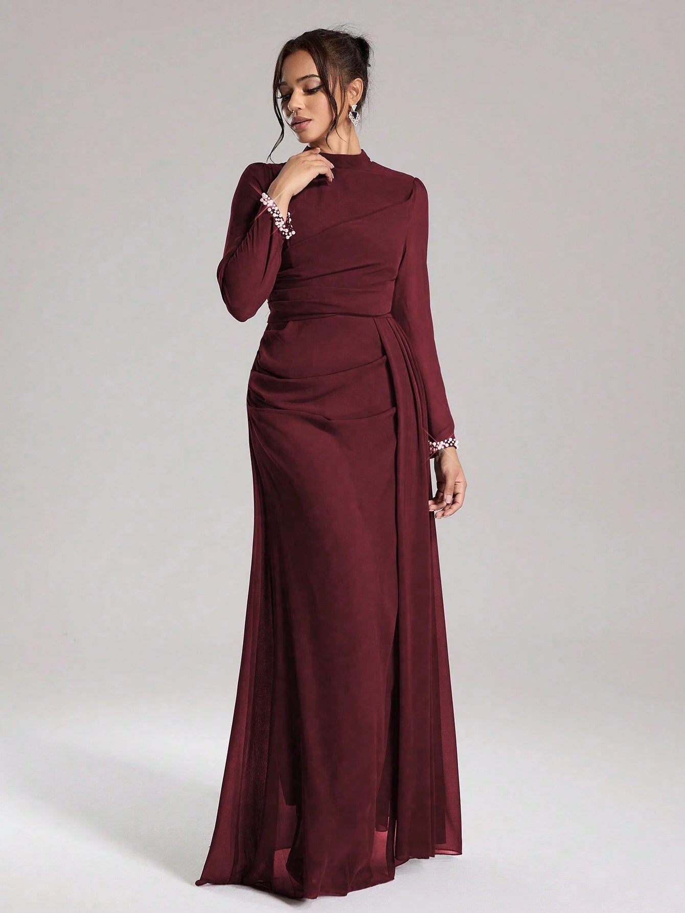Coutiva Sequin Pearl Cuff Elegant Formal Long Sleeve Dress shein