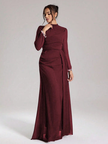 Coutiva Sequin Pearl Cuff Elegant Formal Long Sleeve Dress
