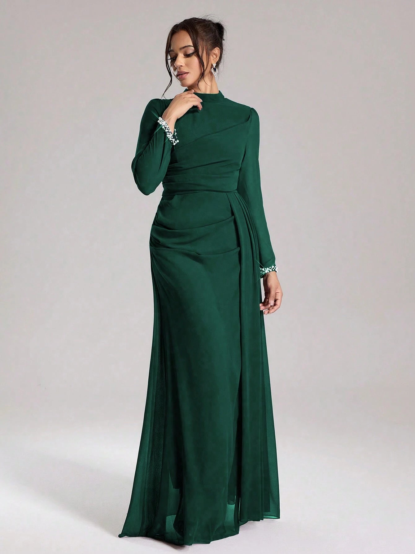 Coutiva Sequin Pearl Cuff Elegant Formal Long Sleeve Dress shein