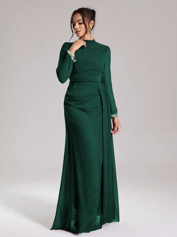 Coutiva Sequin Pearl Cuff Elegant Formal Long Sleeve Dress