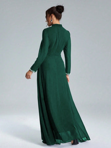 Coutiva Sequin Pearl Cuff Elegant Formal Long Sleeve Dress