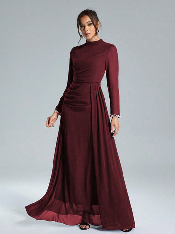 Coutiva Sequin Pearl Cuff Elegant Formal Long Sleeve Dress