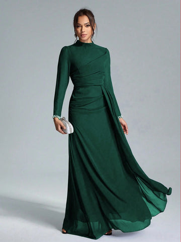 Coutiva Sequin Pearl Cuff Elegant Formal Long Sleeve Dress