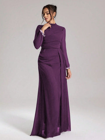 Coutiva Sequin Pearl Cuff Elegant Formal Long Sleeve Dress