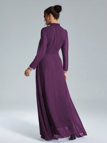 Coutiva Sequin Pearl Cuff Elegant Formal Long Sleeve Dress
