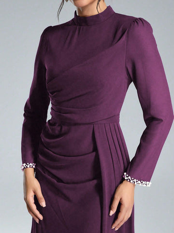 Coutiva Sequin Pearl Cuff Elegant Formal Long Sleeve Dress