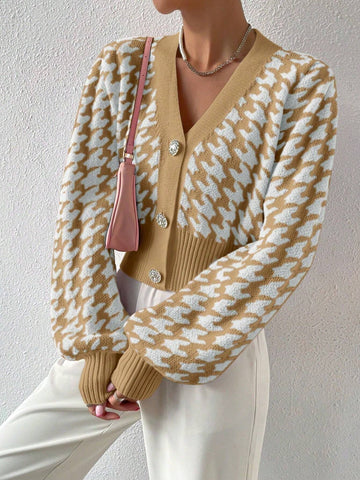 Frenchy Houndstooth Pattern Lantern Sleeve Cardigan