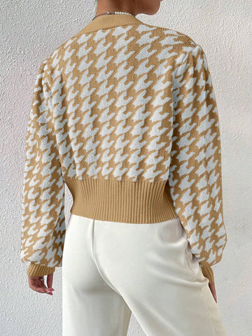 Frenchy Houndstooth Pattern Lantern Sleeve Cardigan