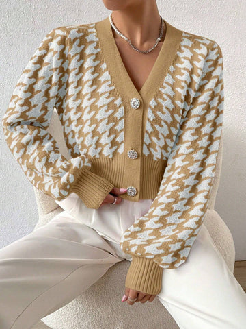 Frenchy Houndstooth Pattern Lantern Sleeve Cardigan