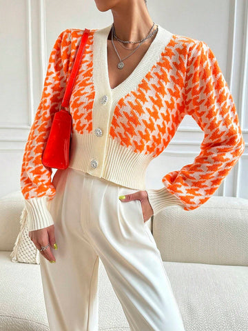 Frenchy Houndstooth Pattern Lantern Sleeve Cardigan