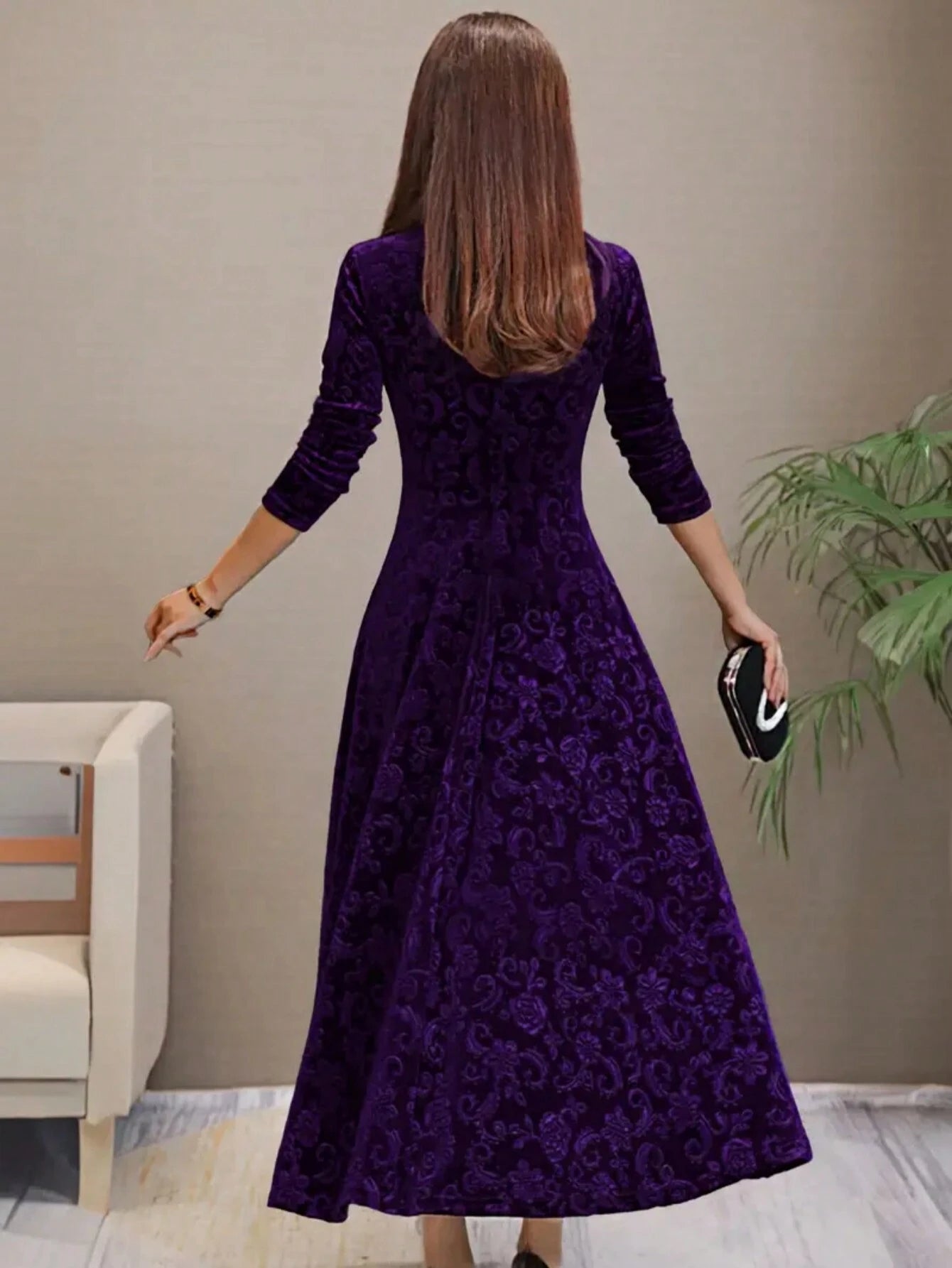 Floral Print Square Neck Velvet Long Sleeve Dress shein