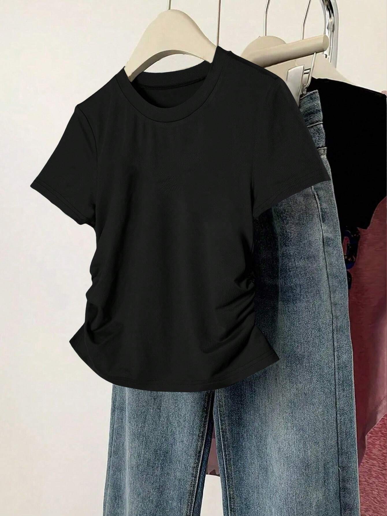 INAWLY Women Solid Color Short Sleeve T-Shirt shein