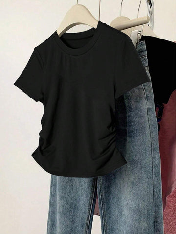 INAWLY Women Solid Color Short Sleeve T-Shirt