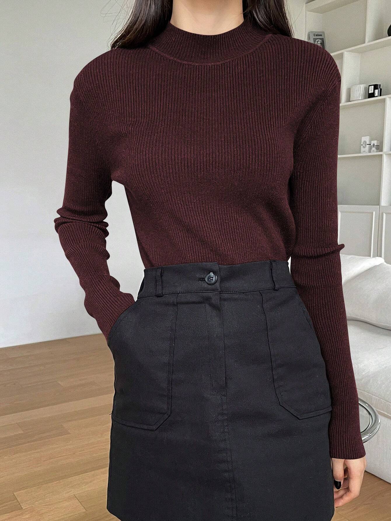 DAZY Women's Solid Stand Collar Long Sleeve Casual Business Pullover Sweater shein
