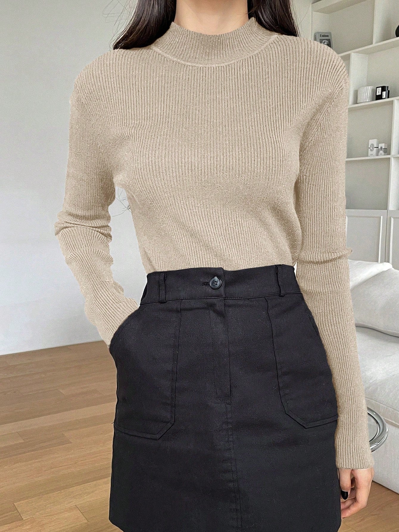 DAZY Women's Solid Stand Collar Long Sleeve Casual Business Pullover Sweater shein