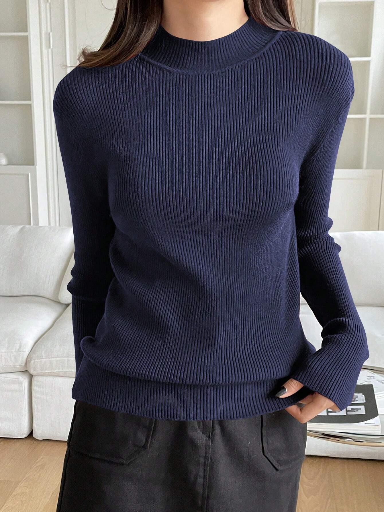 DAZY Women's Solid Stand Collar Long Sleeve Casual Business Pullover Sweater shein