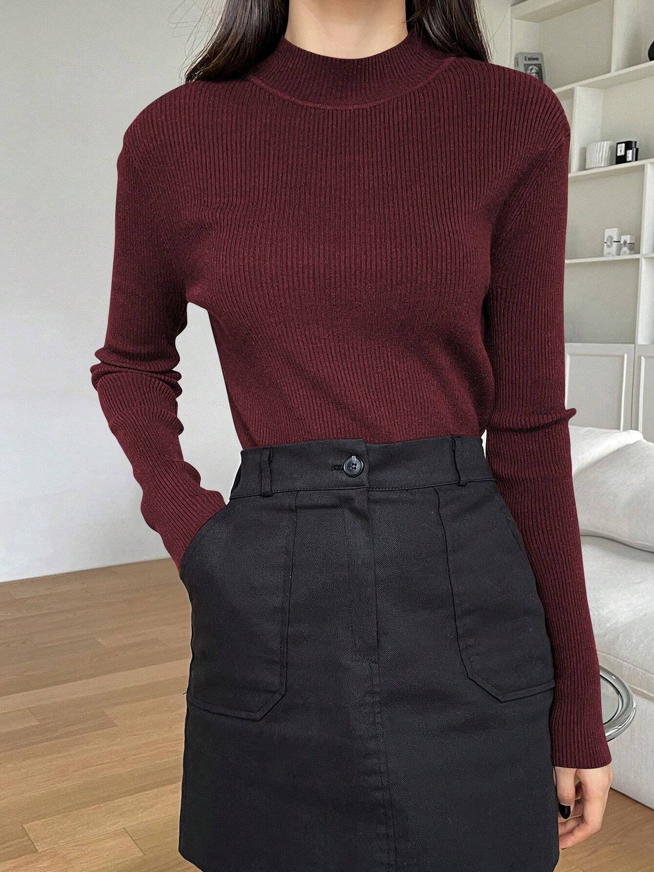 DAZY Women's Solid Stand Collar Long Sleeve Casual Business Pullover Sweater shein